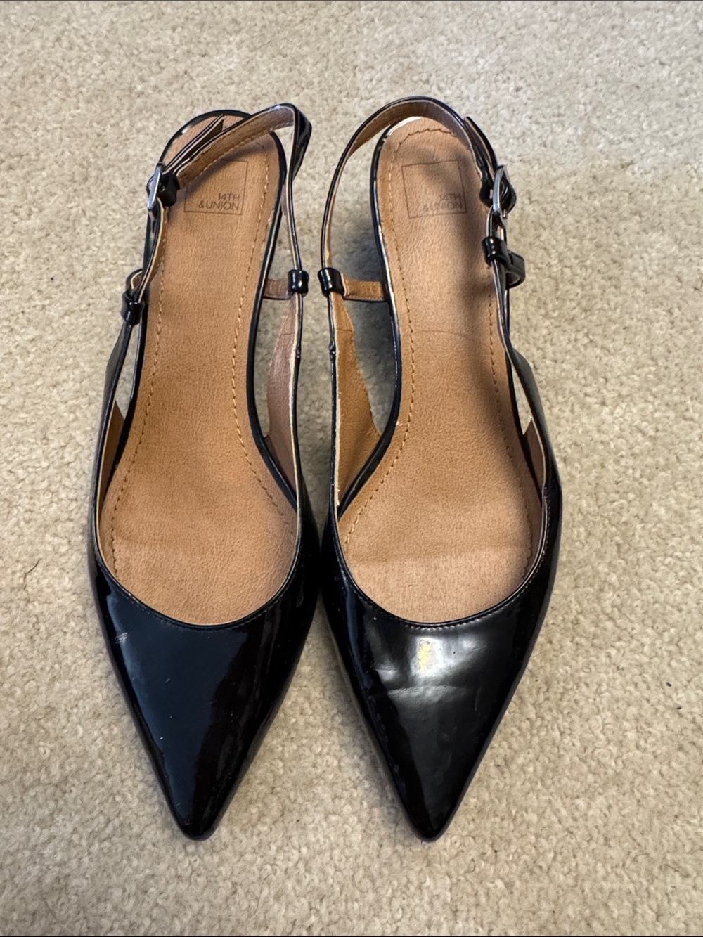 14th & Union Black Patent Pointed Slingback Flats